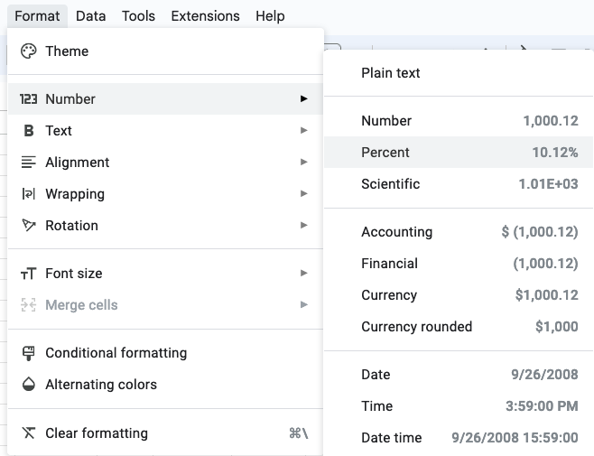 Google Sheet cell format menu
