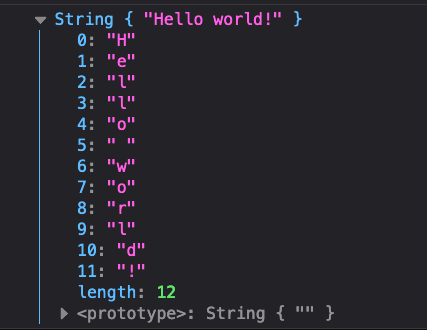Example of a string object in the console